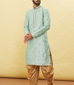 Turquoise embroidered art silk dhoti-kurta