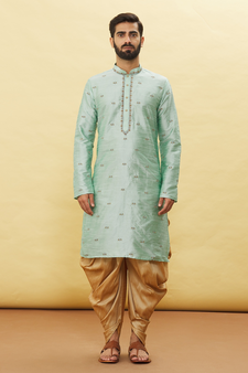Turquoise embroidered art silk dhoti-kurta