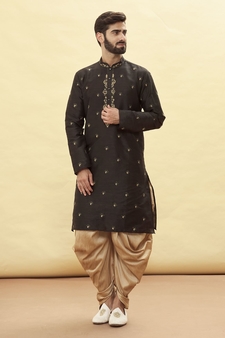 Black embroidered art silk dhoti-kurta