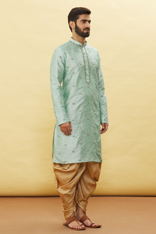 Turquoise embroidered art silk dhoti-kurta