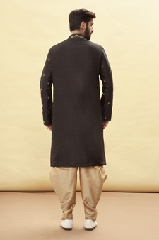 Black embroidered art silk dhoti-kurta