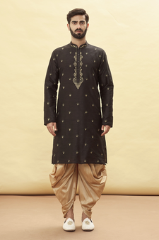 Black embroidered art silk dhoti-kurta