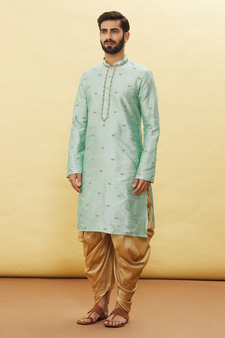 Turquoise embroidered art silk dhoti-kurta