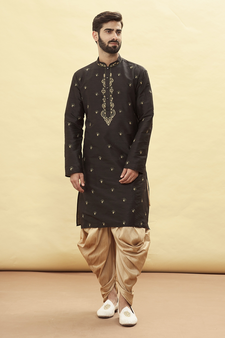 Black embroidered art silk dhoti-kurta