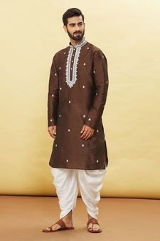 Brown embroidered art silk dhoti-kurta
