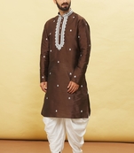 Brown embroidered art silk dhoti-kurta