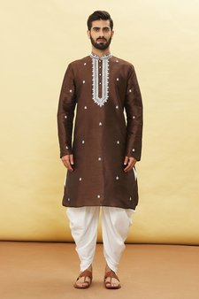 Brown embroidered art silk dhoti-kurta
