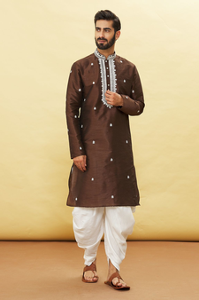 Brown embroidered art silk dhoti-kurta