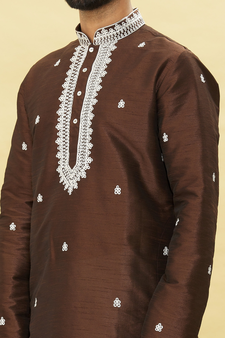 Brown embroidered art silk dhoti-kurta