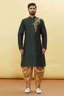 Green embroidered art silk dhoti-kurta