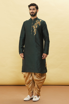 Green embroidered art silk dhoti-kurta