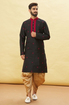 Black embroidered art silk dhoti-kurta