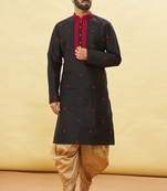 Black embroidered art silk dhoti-kurta