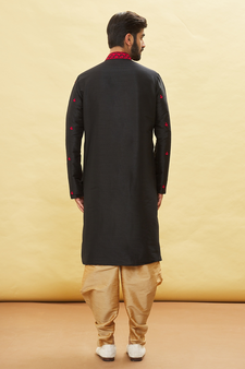 Black embroidered art silk dhoti-kurta