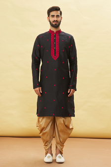 Black embroidered art silk dhoti-kurta