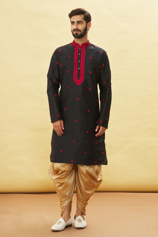 Black embroidered art silk dhoti-kurta