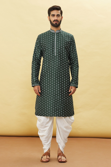 Green printed art silk dhoti-kurta