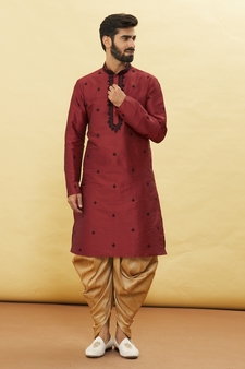Maroon embroidered art silk dhoti-kurta