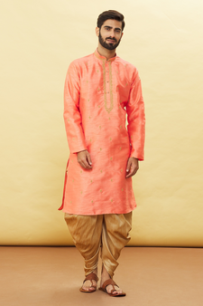 Beige embroidered art silk dhoti-kurta
