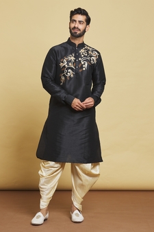 Black embroidered art silk dhoti-kurta