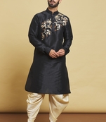Black embroidered art silk dhoti-kurta