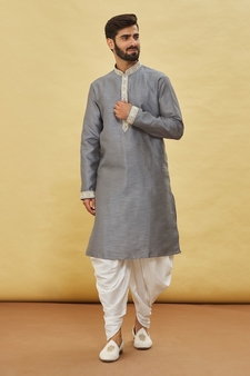 Grey embroidered art silk dhoti-kurta