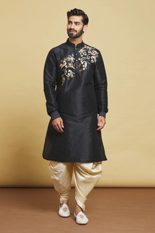 Black embroidered art silk dhoti-kurta