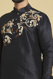 Black embroidered art silk dhoti-kurta
