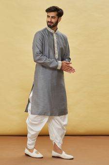 Grey embroidered art silk dhoti-kurta