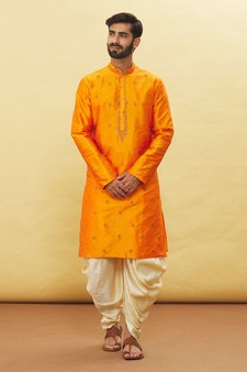 Orange embroidered art silk dhoti-kurta