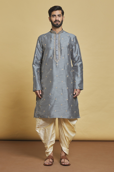 Grey embroidered art silk dhoti-kurta