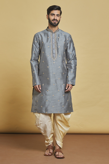 Grey embroidered art silk dhoti-kurta