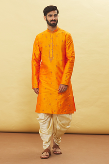 Orange embroidered art silk dhoti-kurta