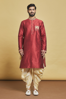 Maroon embroidered art silk dhoti-kurta