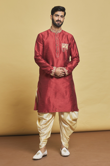 Maroon embroidered art silk dhoti-kurta