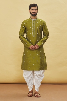 Green embroidered art silk dhoti-kurta