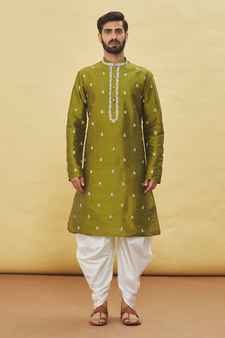 Green embroidered art silk dhoti-kurta