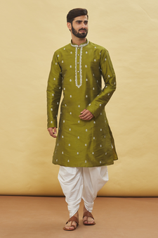 Green embroidered art silk dhoti-kurta