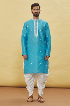 Blue embroidered art silk dhoti-kurta
