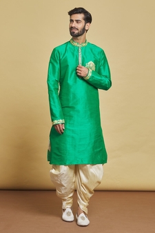 Green embroidered art silk dhoti-kurta