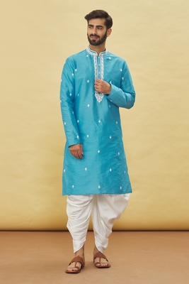 Blue embroidered art silk dhoti-kurta 4