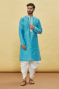 Blue embroidered art silk dhoti-kurta