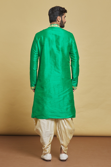 Green embroidered art silk dhoti-kurta