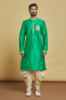 Green embroidered art silk dhoti-kurta