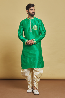 Green embroidered art silk dhoti-kurta