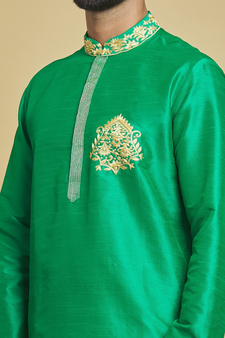 Green embroidered art silk dhoti-kurta