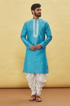 Blue embroidered art silk dhoti-kurta