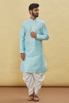 Blue printed art silk dhoti-kurta 1