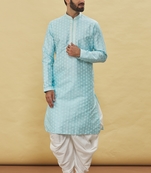 Blue printed art silk dhoti-kurta