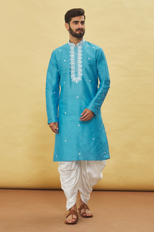 Blue embroidered art silk dhoti-kurta